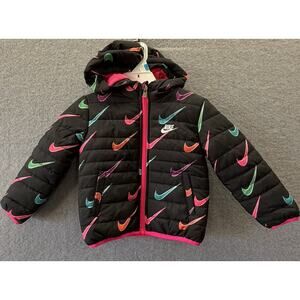 Nike Girls Infant 18 Months Toddler Puffer Jacket AOP Swoosh Pink Hooded Coat